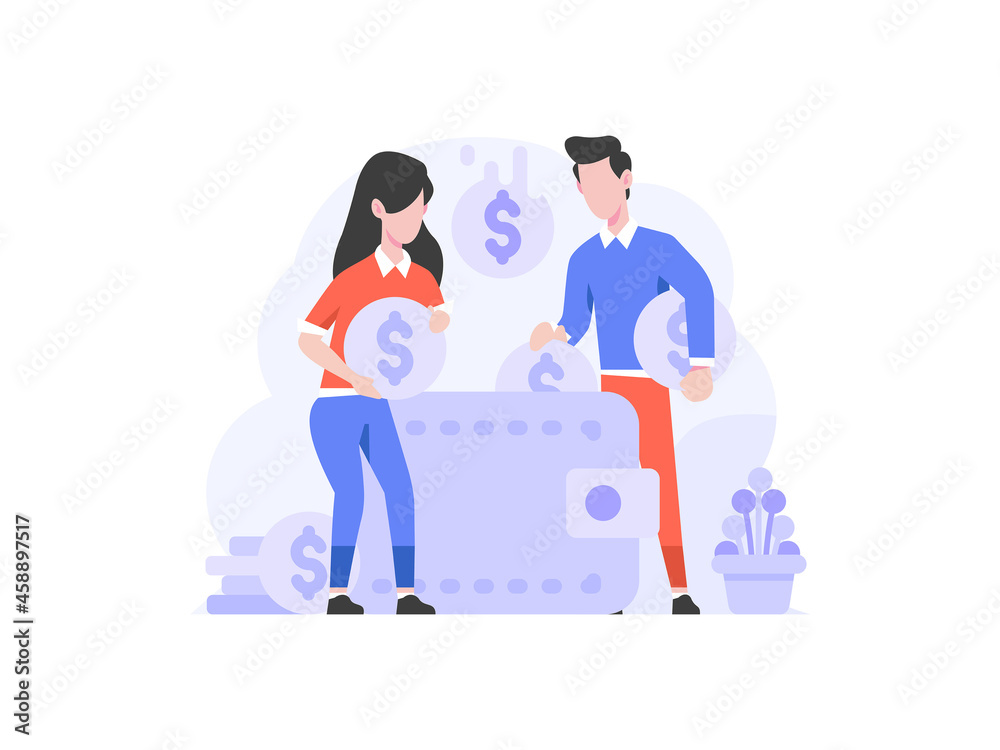 Vector Illustration Business finance man saving money on wallet fintech bank for savings people character flat design style