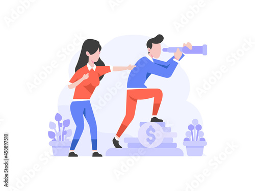 Vector Illustration Business and finance man and women vision seeing the future direction of business with telescope people character flat design style