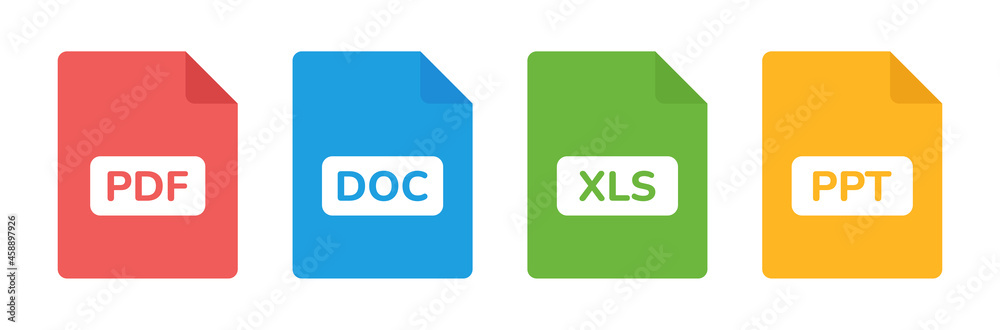 Document file icons set. Containing PDF, DOC, XLS and PPT icon vector ...