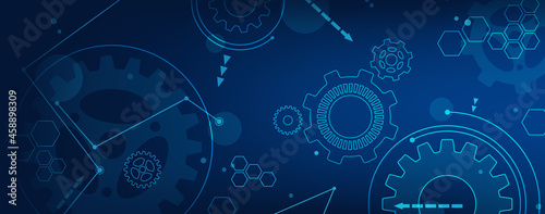 Dark blue abstract pattern background or banner with cogwheels, shapes, circuits and gears. Illustration with icons related to technology, business, engineering, organization or management.