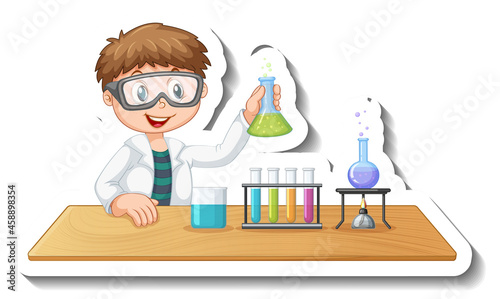 Sticker template with cartoon character of a student doing chemical experiment