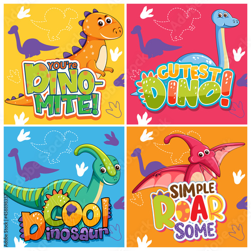 Set of different cute dinosaur posters with speech font