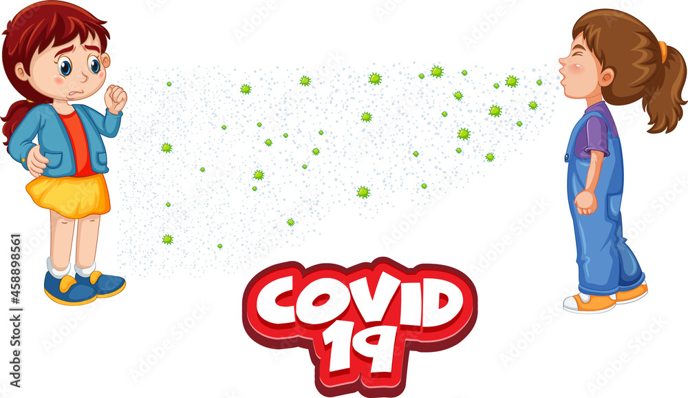 Naklejka premium Covid-19 font in cartoon style with a girl look at her friend sneezing isolated on white background