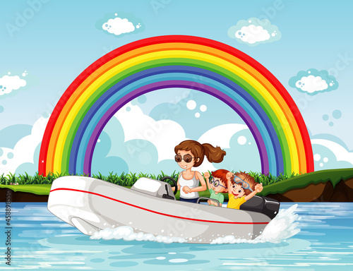 A woman driving speedboat with children in the river