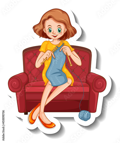 A sticker template with a woman knitting and sitting on sofa