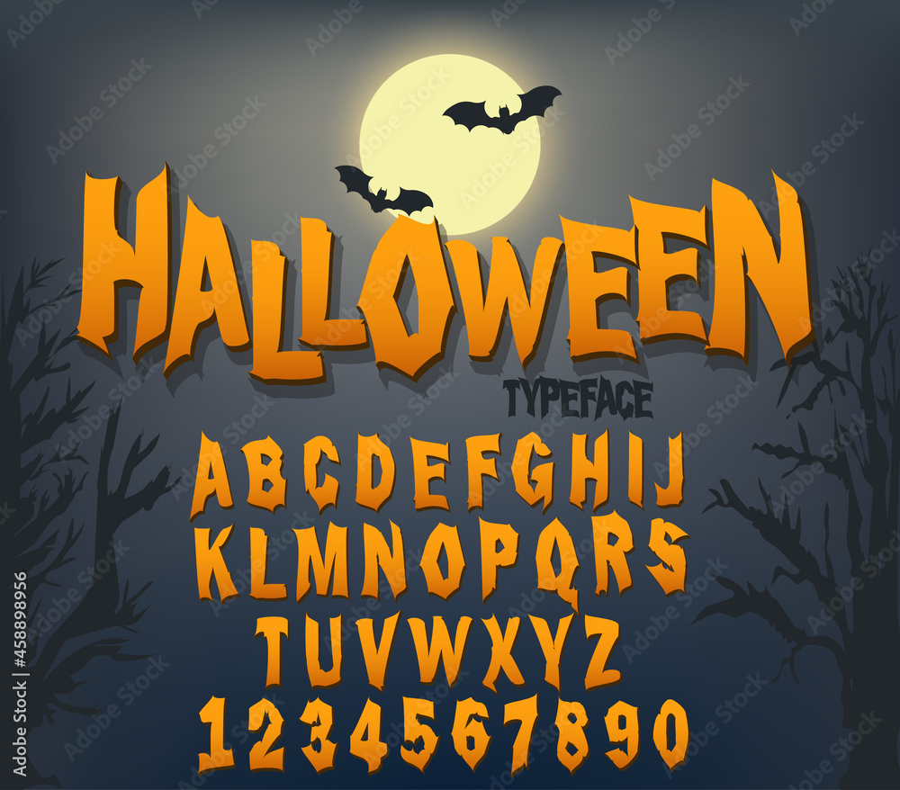 Halloween font, Original Typeface, Scary creepy alphabet, Dirty Letters, for holiday party. Vector - obrazy, fototapety, plakaty 