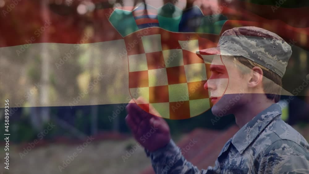 Animation of flag of croatia over soldier