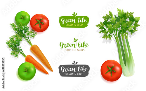 Vegetal logo design with farm vegetable products set isolated vector template. Vegetarian label design. Realistic vector harvest carrot, tomato,  celery, green apple