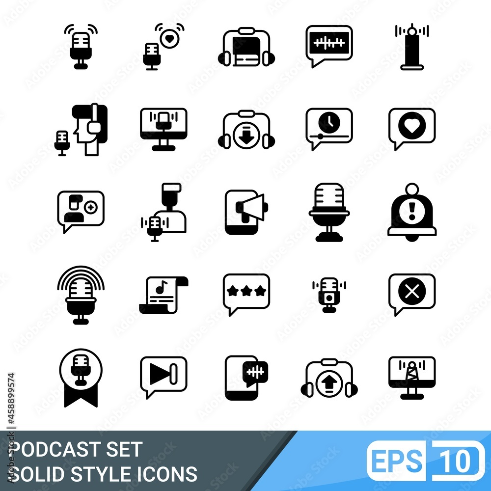 podcast icons set. vector illustration in solid style. EPS 10