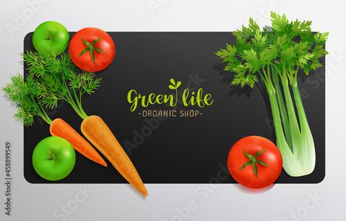 Hand drawn vegetal logo design with vegetable products - vector illustration. Vegetarian label design. Realistic vector harvest carrot, tomato,  celery, green apple