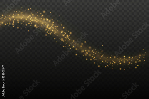 Golden sparkling light trails on blue background.Bright background with gold wave