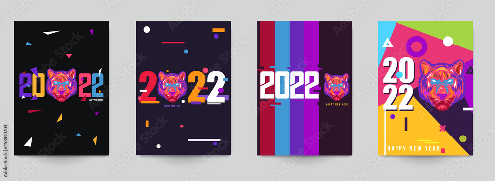 Happy Chinese new year 2022. Collection abstract design background with tiger head in modern colorful pop art style. Set of templates for banner, cover, poster, card. Vector illustration.