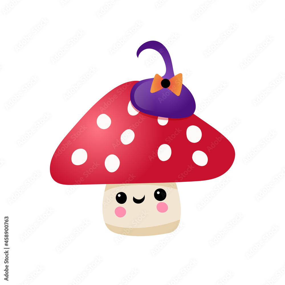 Autumn Halloween kawaii vector design with a cute mushroom in a witches hat. Illustration for kids, celebration, web, print, etc. Autumn Halloween kawaii vector design with a cute mushroom in a witches hat. Illustration for kids, celebration, web, print, etc.
