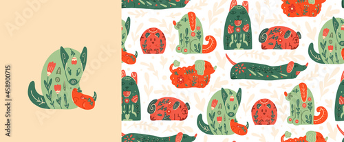 Set of card and seamless pattern with stylized dogs with folk patterns and natural decorations. Vector animalistic poster and texture with various puppy with tribal boho pattern.