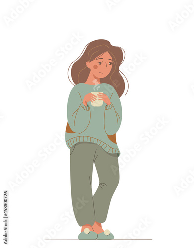 Nice cartoon upset woman in warm clothes drinks a hot tea.