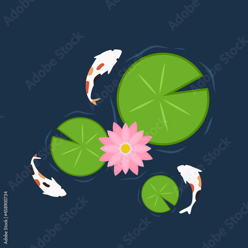 Lily pad pattern. wallpaper. free space for text. background. poster. lotus flower. Koi fish.