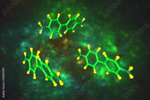 Molecular model of benzidine, a biphenyl amine, manufactured chemical that used to produce dyes for cloth, paper, leather, and in clinical laboratories for detecting blood. 3d illustration photo