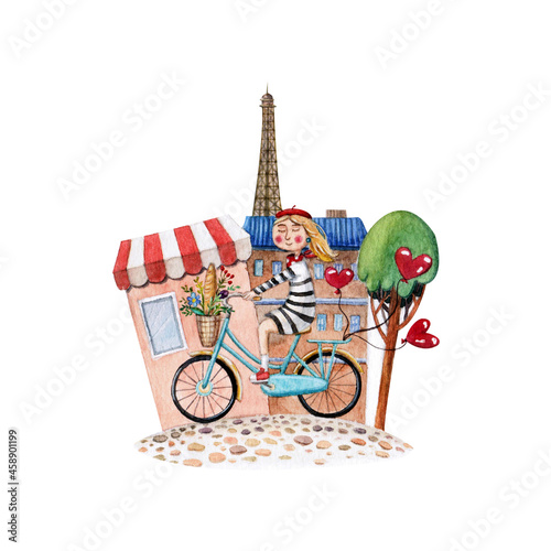A girl on a bicycle in Paris. Watercolor illustration. Journey. City. Cute. Beautiful. Happy Valentine's Day. Holidays. Handmade work. Bright. Cheerful. Fun. Travel.