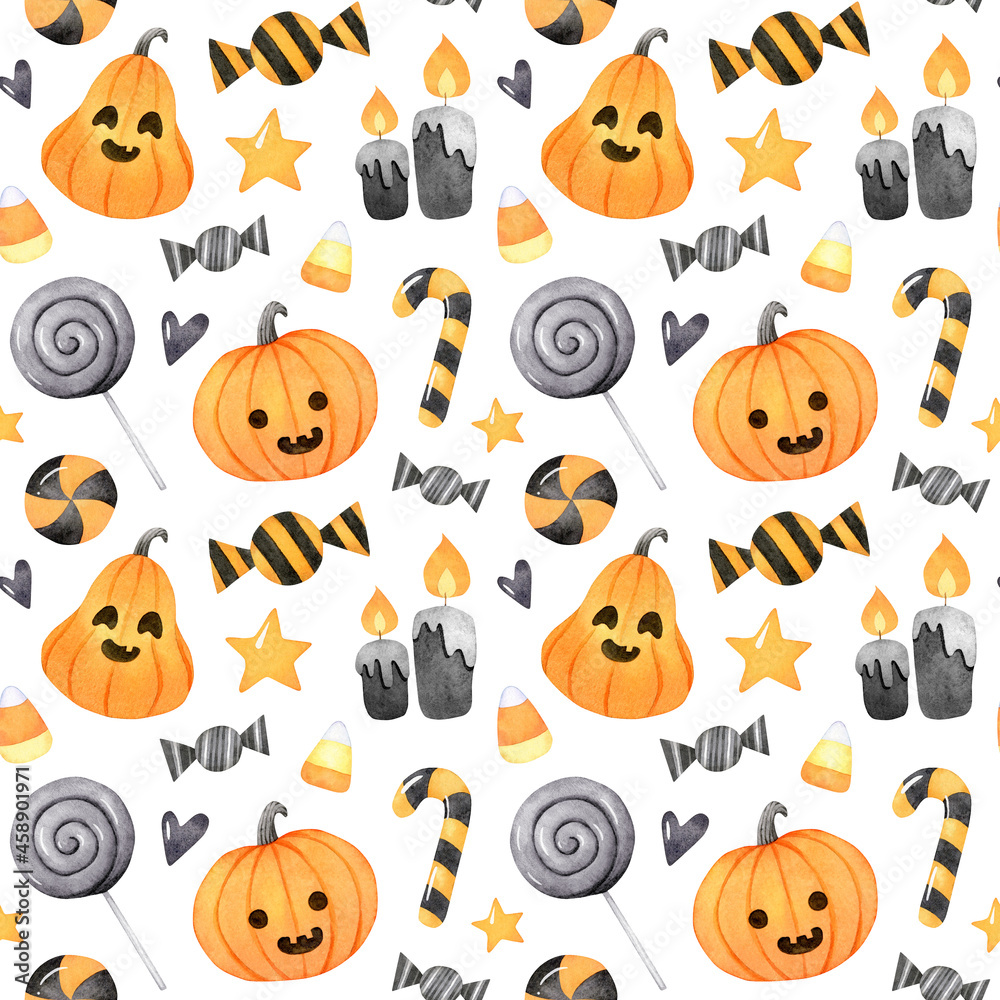 Naklejka premium Halloween seamless pattern with cute Jack O lantern and halloween treats. Hand painted watercolor digital paper for wrapping paper, wall paper, fabric design, scrapbooking