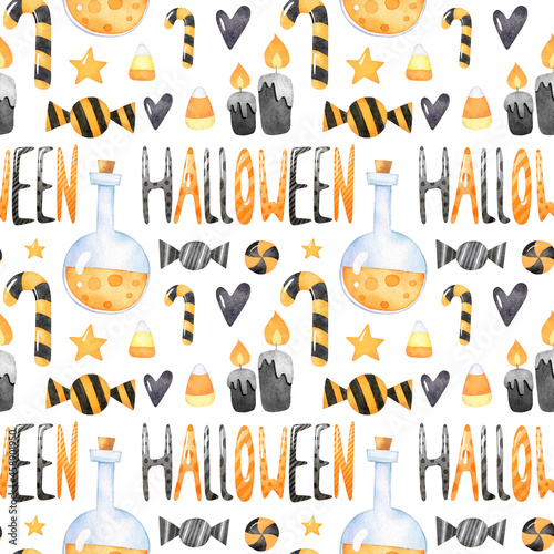 Halloween digital paper with spooky candy, potion snd candles. Hand drawn watercolor seamless pattern for wrapping paper, wall paper, fabric design and all over prints