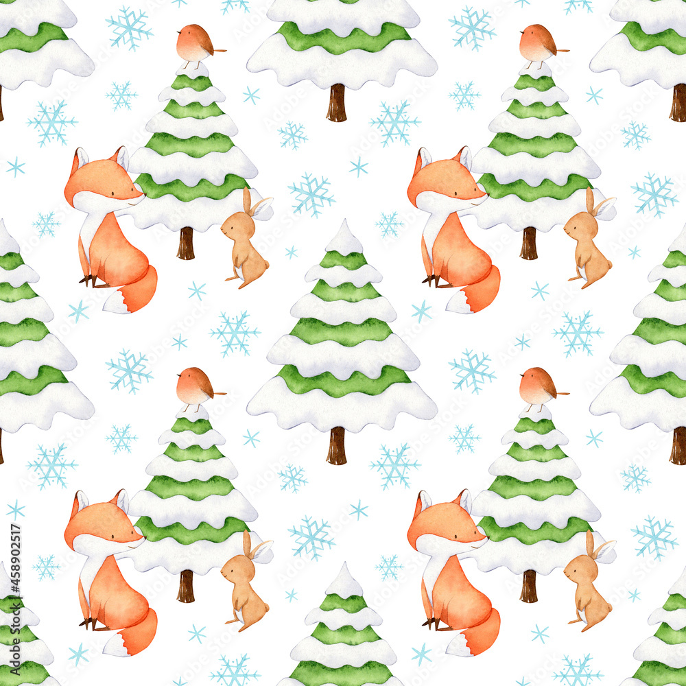 Winter seamless pattern with fox, bunny, robin bird and snowy pine tree in the woods. Watercolor digital paper for baby textile, fabric, allover print, sublimation design, gift wrap and wallpaper. Winter seamless pattern with fox, bunny, robin bird and snowy pine tree in the woods. Watercolor digital paper for baby textile, fabric, allover print, sublimation design, gift wrap and wallpaper.