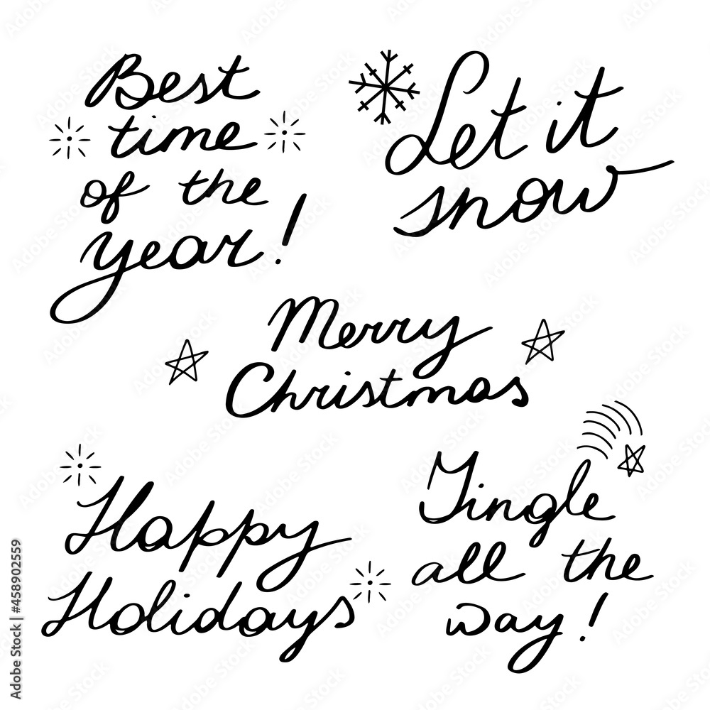 Set of five hand drawn Christmas lettering phrases, vector calligraphy isolated on white background