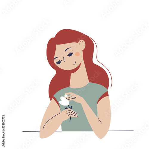 Nice cartoon young woman holding a flower in her hands.