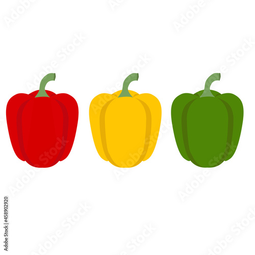 set of three peppers on white background. red, yellow, green pepper sign. set of pepper logo. pepper symbol. flat style.