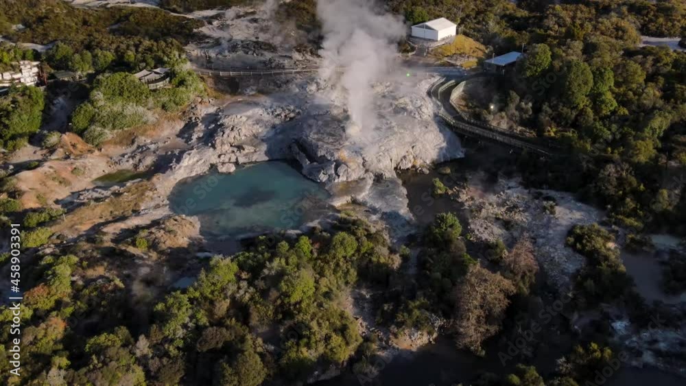 Birds eye view of steaming Pohutu Geyser in Thermal Valley tourist attraction, Rotorua, New Zealand Birds eye view of steaming Pohutu Geyser in Thermal Valley tourist attraction, Rotorua, New Zealand