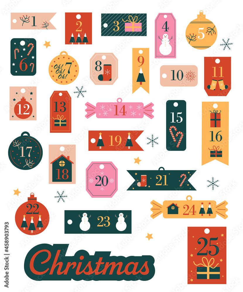 Set d'étiquettes de Noël. Étiquettes pour cadeaux et pour le calendrier de  l'avent. Illustrations vectorielles sur le thème de l'hiver et des fêtes de  fin d'année. Magie de Noël. Stock Vector