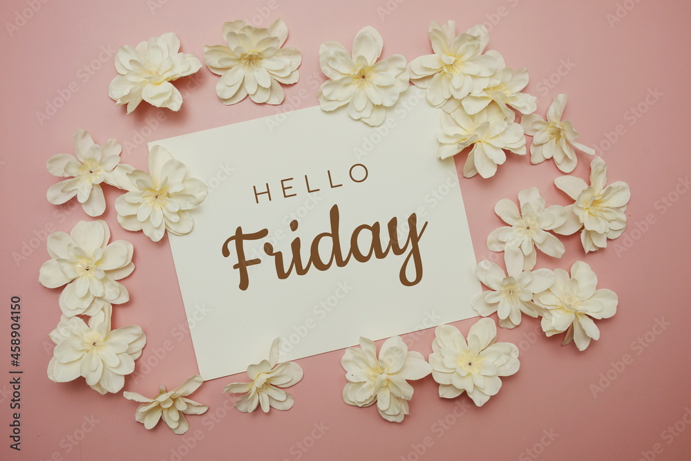 Hello Friday card typography text with flower bouquet on pink background