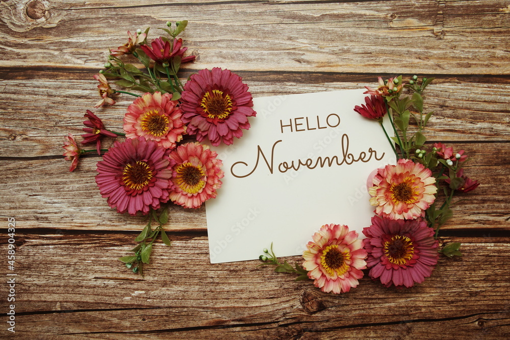 Hello November typography text with flowers on wooden background Hello November typography text with flowers on wooden background
