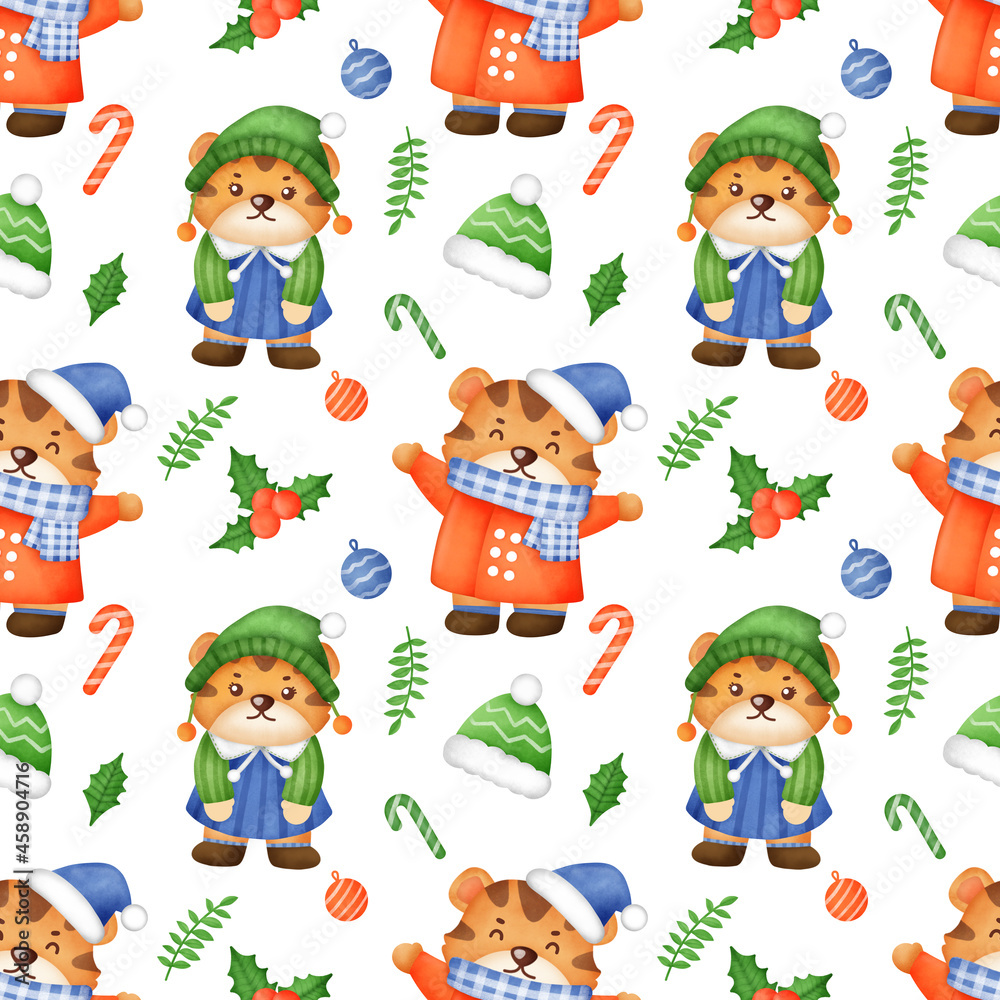 Happy Christmas and Year of tiger 2022 seamless pattern .