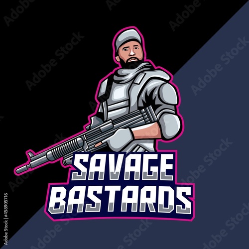 bearded soldier mascot hold assault rifle