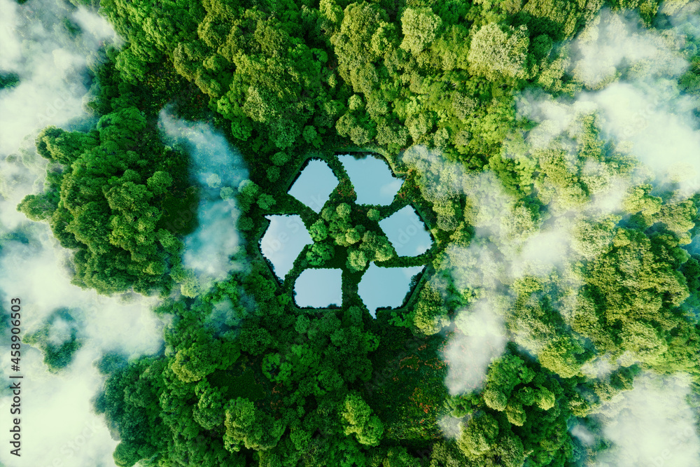 A lake in the shape of a recycling sign in the middle of untouched nature. An ecological metaphor for ecological waste management and a sustainable and economical lifestyle. 3d rendering. - obrazy, fototapety, plakaty 