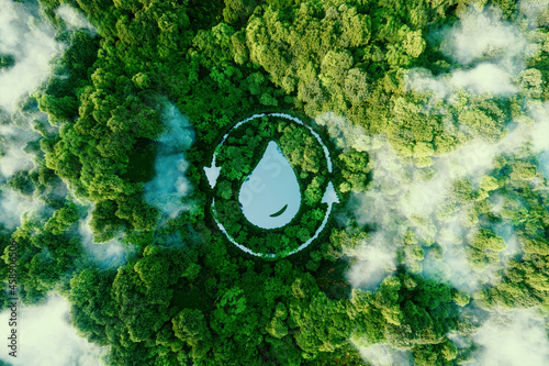 A water droplet shaped lake in the middle of untouched nature. An ecological metaphor for nature's ability to hold and purify water. 3d rendering.