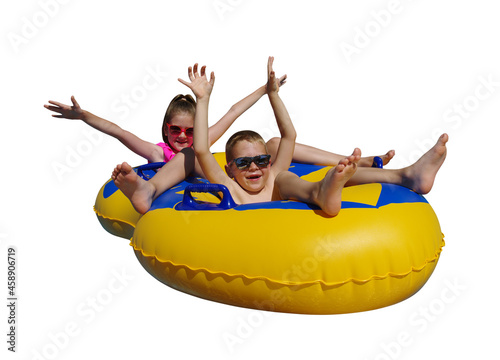  Boy and girl on inflatable float isolated on white