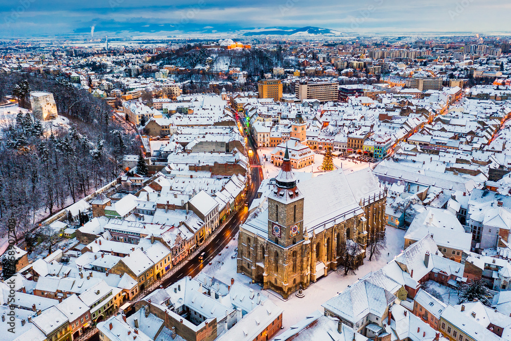 Brasov, Romania. Aerial view of the old town during Christmas.