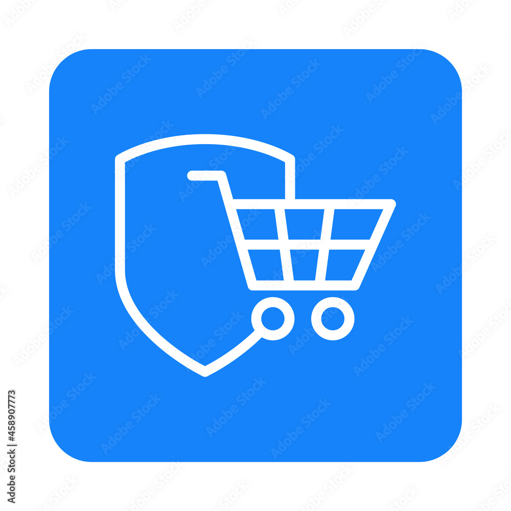 Compra segura. Logotipo con silueta de carrito de la compra con escudo con lineas en cuadrado color azul Compra segura. Logotipo con silueta de carrito de la compra con escudo con lineas en cuadrado color azul