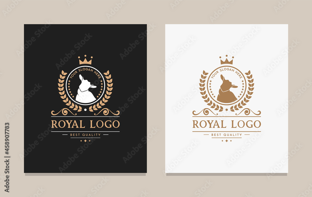 Logo and Badge Vector Illustration Farm Goat with Crown isolated or Brown Background. Farm Animals Badge with Wreath. Template for Dairy and Milk Farm Business. Royal Heraldry. Border Elements. Logo and Badge Vector Illustration Farm Goat with Crown isolated or Brown Background. Farm Animals Badge with Wreath. Template for Dairy and Milk Farm Business. Royal Heraldry. Border Elements.