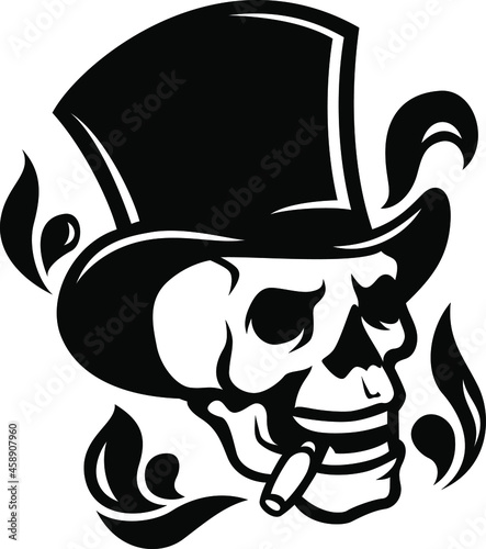 The skull wearing a top hat smoking a cigar