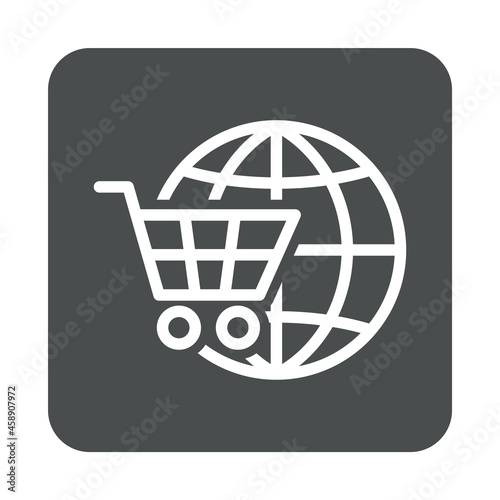 Logotipo con silueta de carrito de la compra con globo terráqueo con lineas en cuadrado color gris