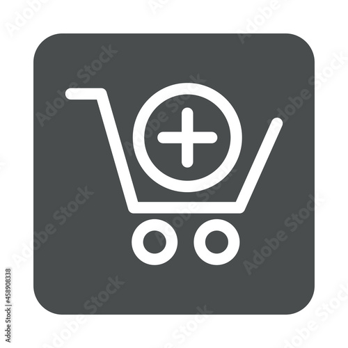 Add to cart. Logotipo con silueta de carrito de la compra con símbolo más en círculo con lineas en cuadrado color gris