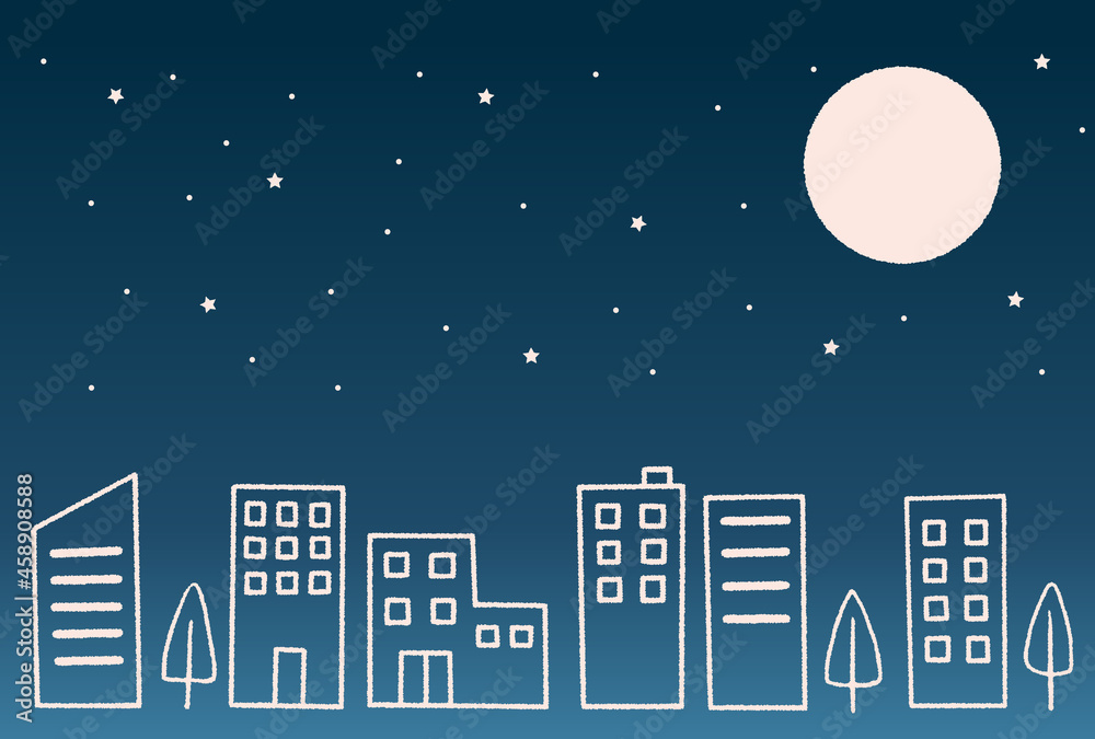 Fototapeta premium 手描き風のまちなみ_夜のビル群