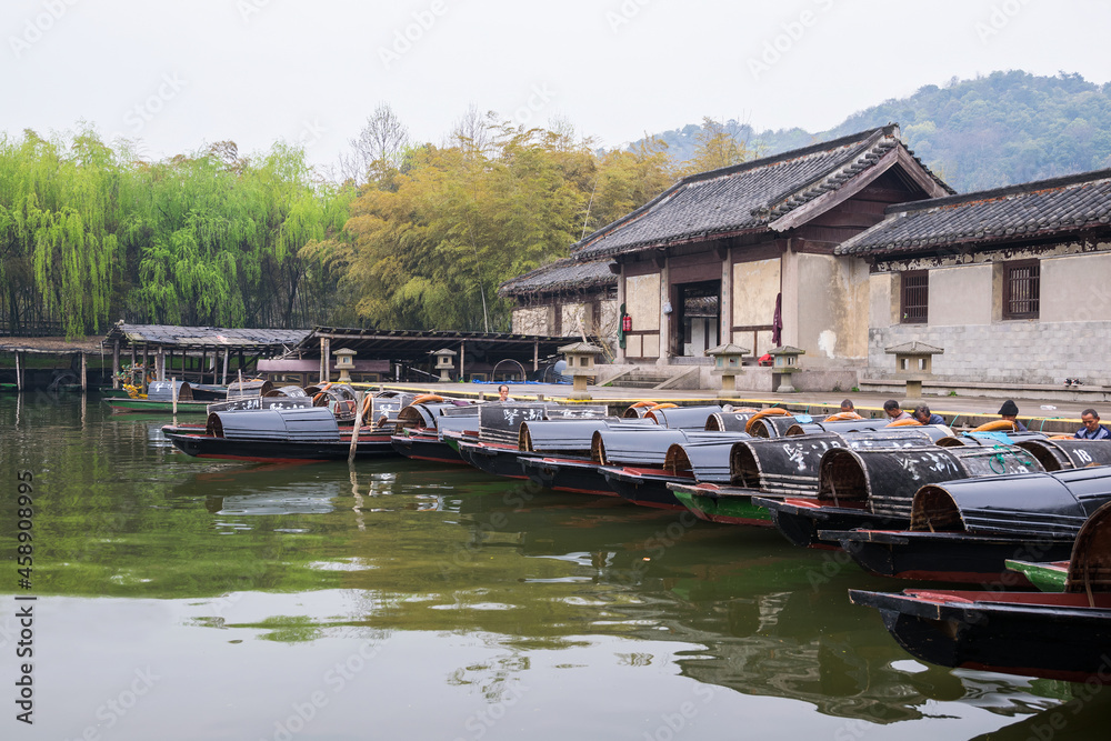 A row of awning boat in Jianhu Lake, Shaoxing Keyan Scenic Area
