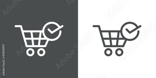 Logotipo con silueta de carrito de la compra con checkmark en círculo con lineas en fondo gris y fondo banco