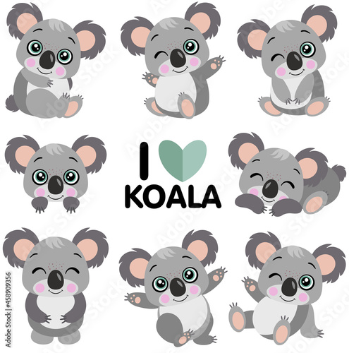 Funny set of koalas of different positions
