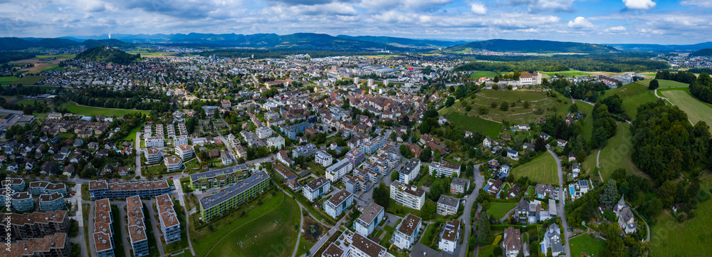 Aerial view of old town of the city Lenzburg in Switzerland on a cloudy day in autumn.