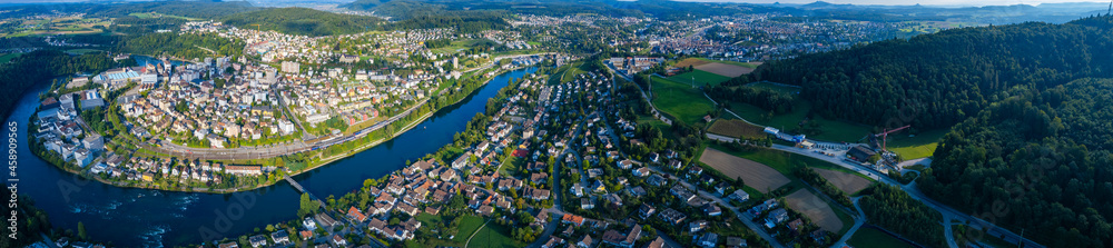 Aerial view of the city Neuhausen in Switzerland on a sunny morning day in summer
