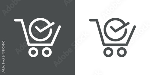 Logotipo con silueta de carrito de la compra con checkmark en círculo con lineas en fondo gris y fondo banco
